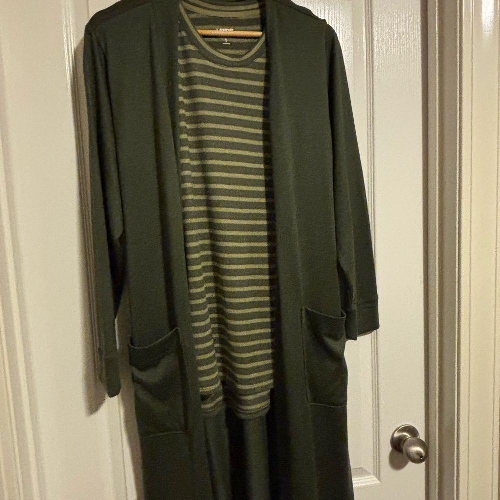 Lands' End Olive Green Cardigan and Striped Sweater Set